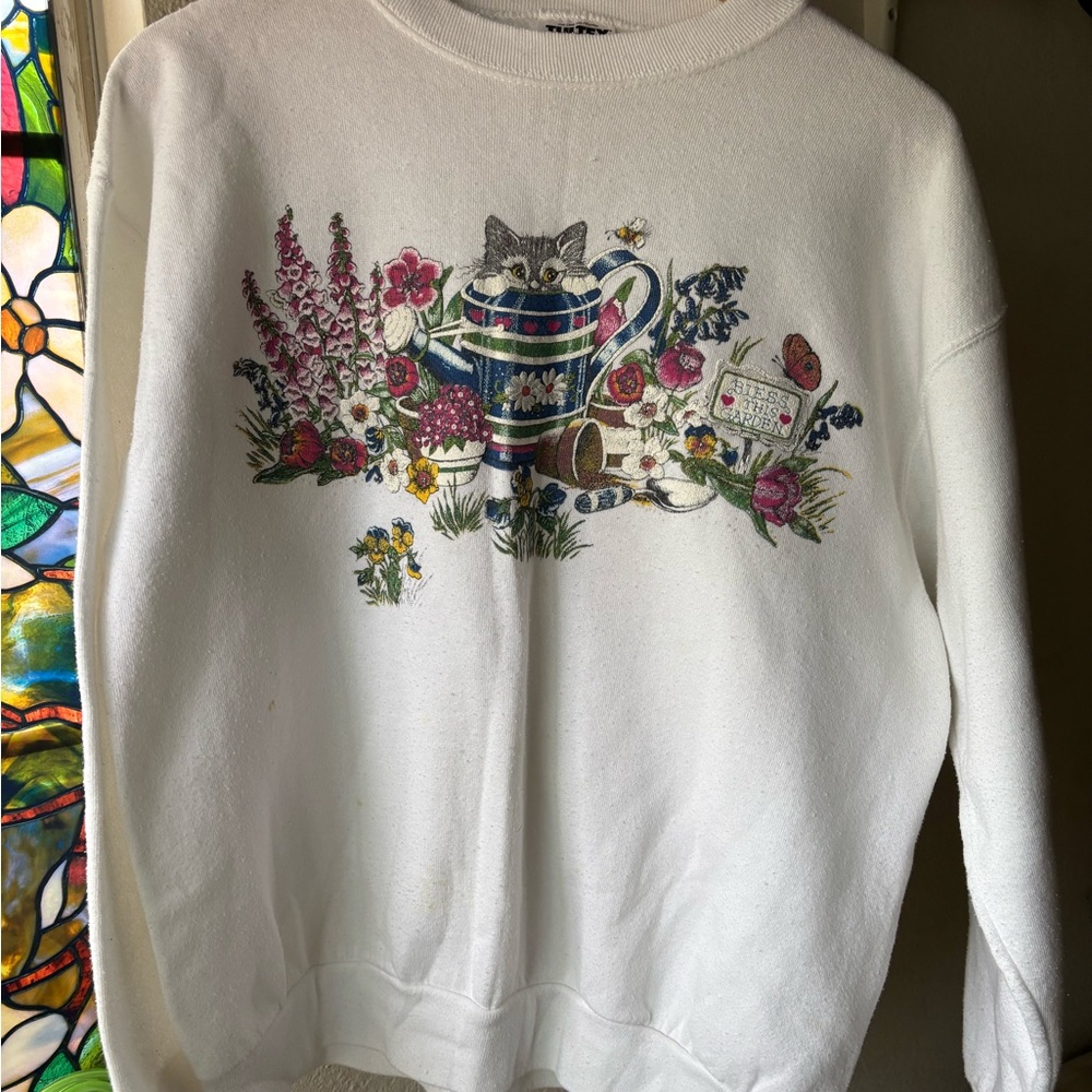 Tultex White Sweater with Floral and Cat Design